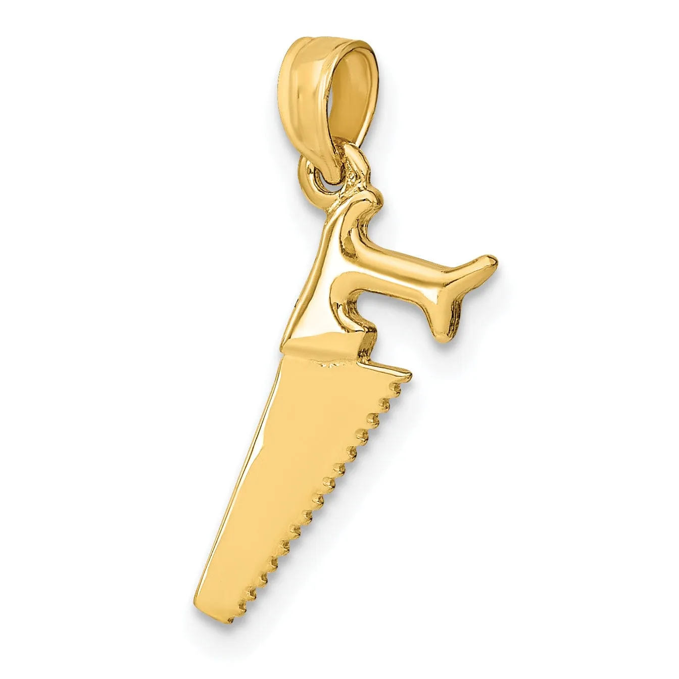 14K Yellow Gold Polished Finish 3-Dimensional Hand Wood Saw Charm Pendant