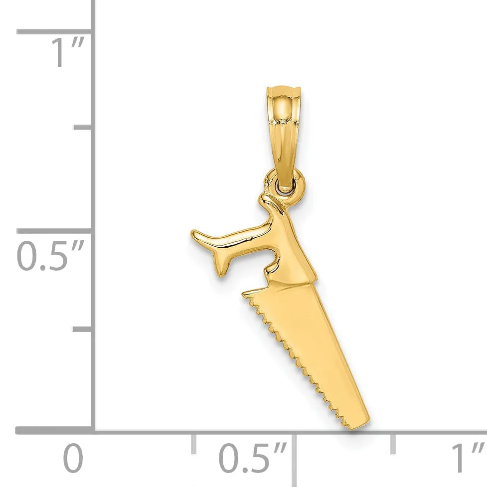 14K Yellow Gold Polished Finish 3-Dimensional Hand Wood Saw Charm Pendant