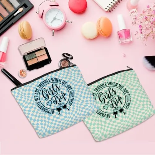 2 Pcs Girl Trip 2024 Cosmetic Bag Retro Plaid Makeup Bag Girls Trip Gifts Favors Girls Weekend Gifts Summer Vacation Funny Friendship Gifts for Women Bridesmaid Bachelorette Party Birthday Graduation