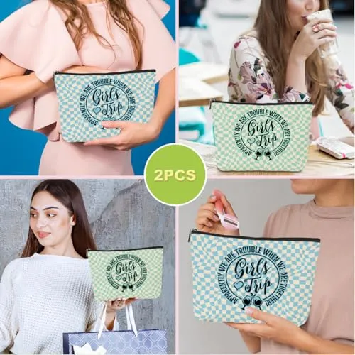 2 Pcs Girl Trip 2024 Cosmetic Bag Retro Plaid Makeup Bag Girls Trip Gifts Favors Girls Weekend Gifts Summer Vacation Funny Friendship Gifts for Women Bridesmaid Bachelorette Party Birthday Graduation