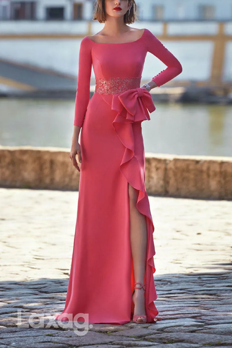 23095 - Scoop Long Sleeves Lace Sleek Satin Mother Of the Bride Dress with Slit