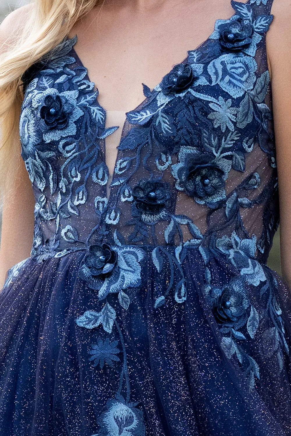 3D Floral Applique Illusion V-Neck Long Prom Dress AC5015