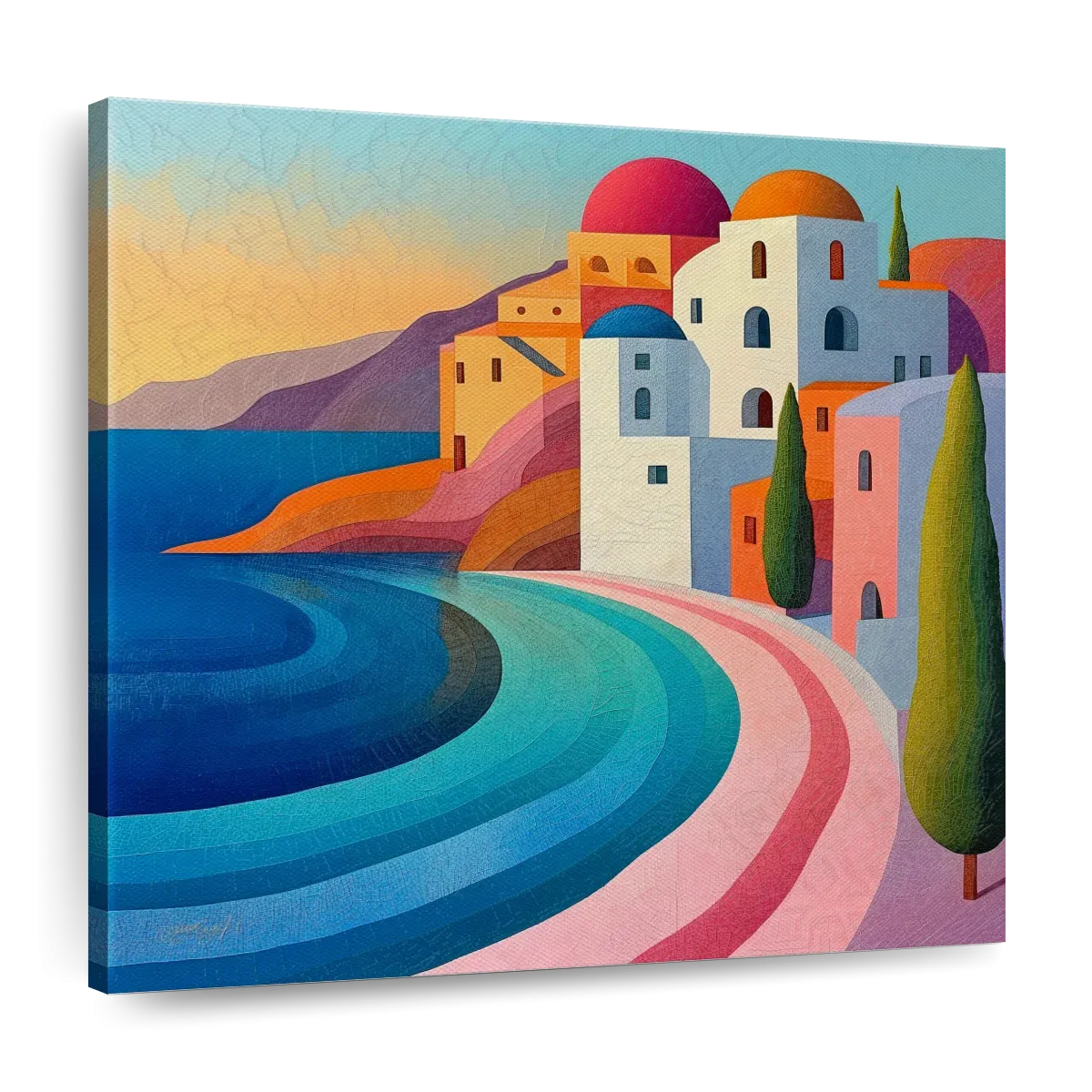 A Coastal Village In Vibrant Pastels Wall Art