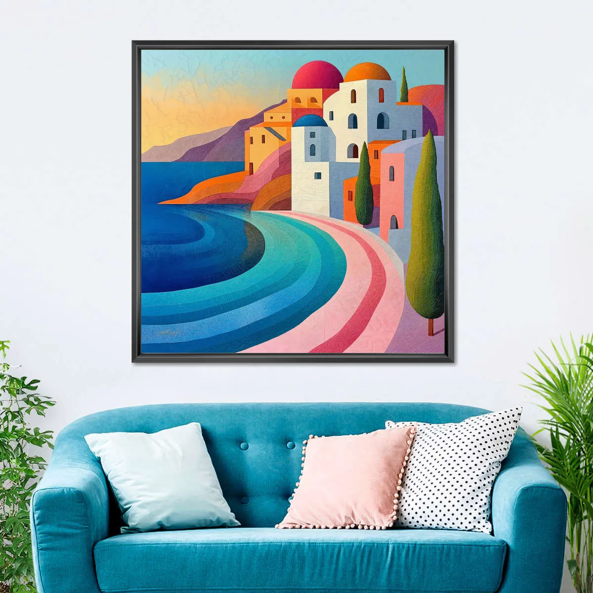 A Coastal Village In Vibrant Pastels Wall Art