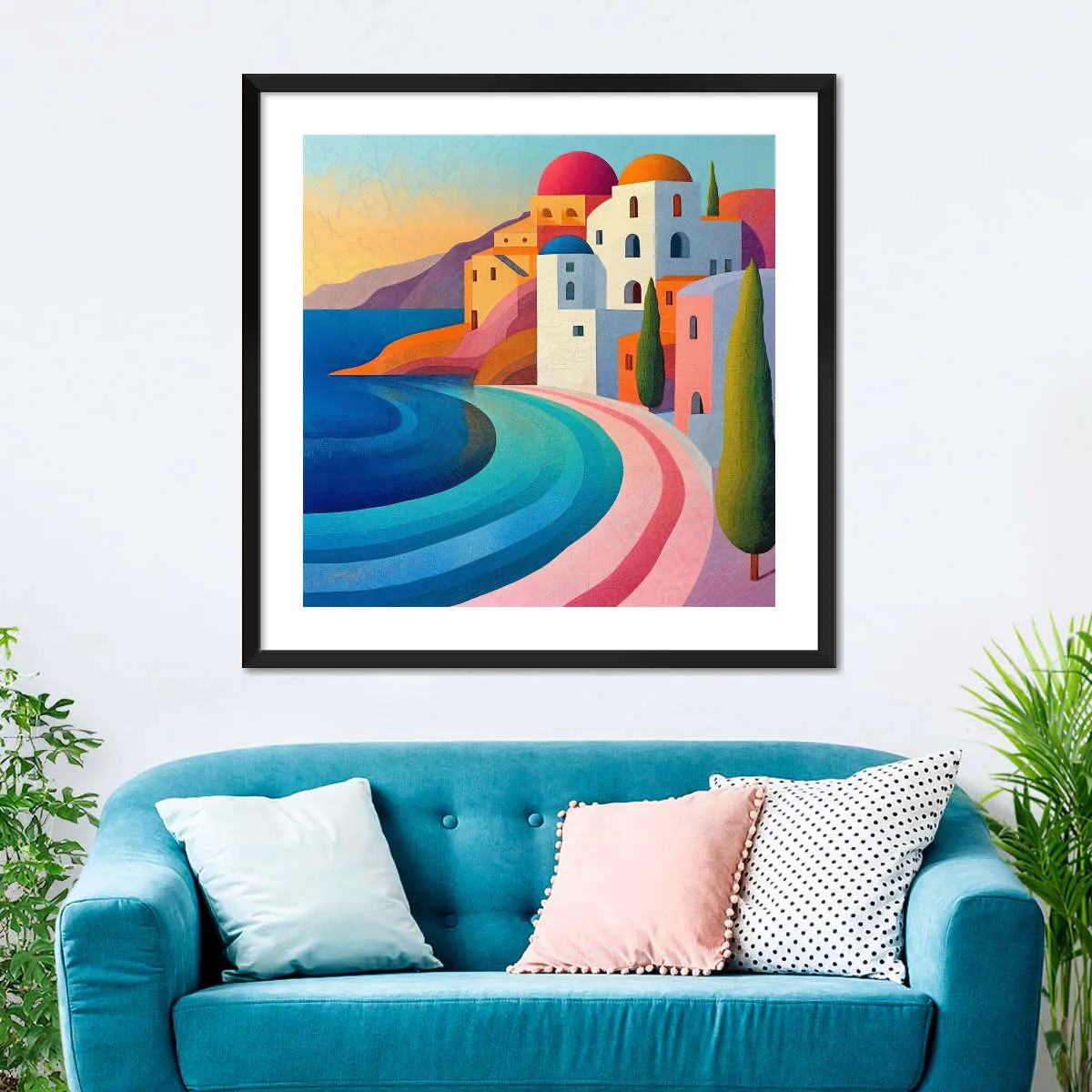 A Coastal Village In Vibrant Pastels Wall Art