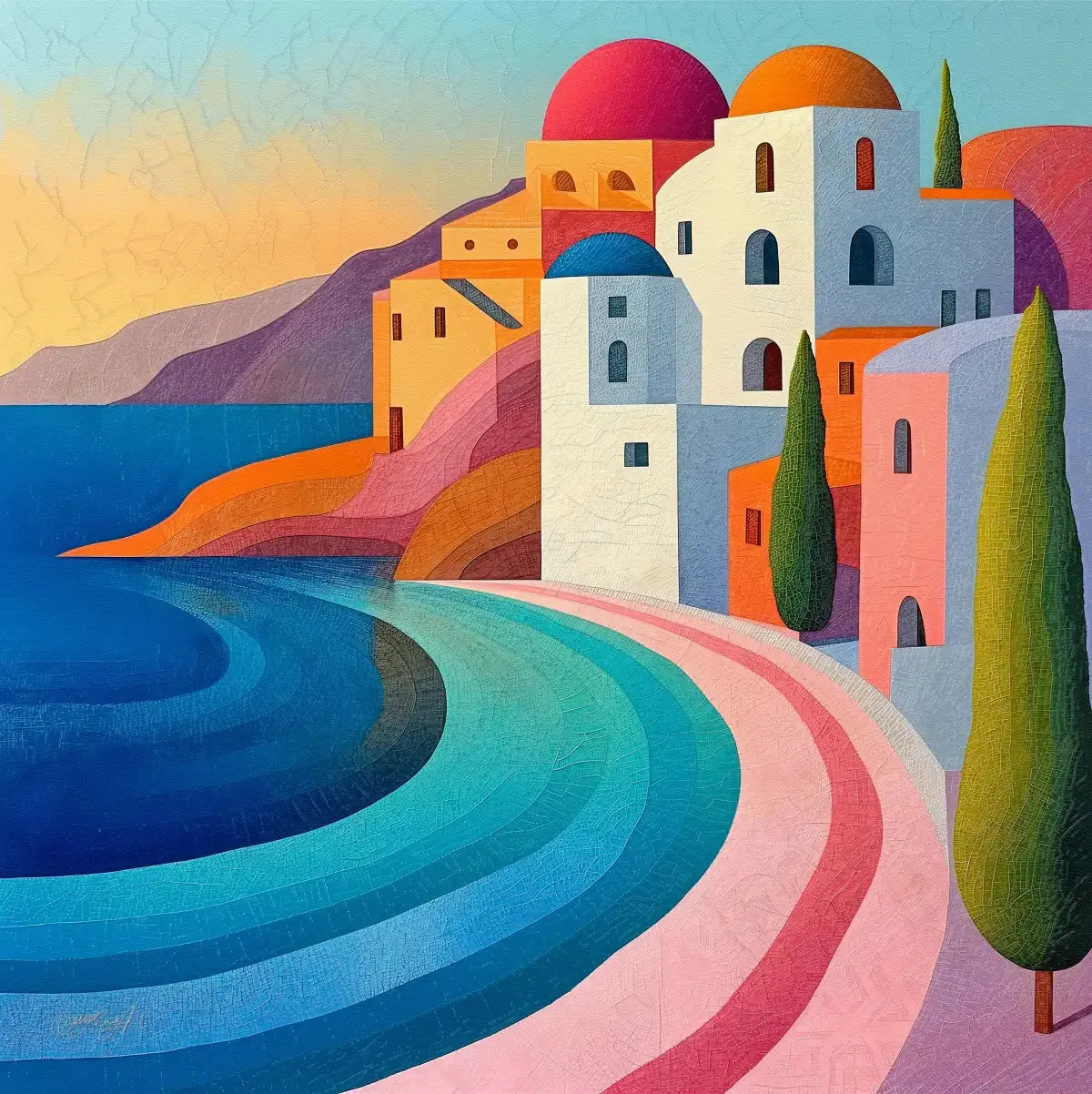 A Coastal Village In Vibrant Pastels Wall Art