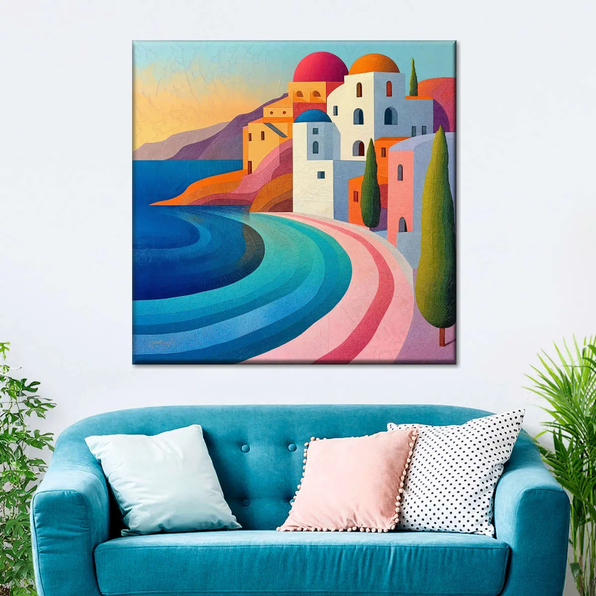 A Coastal Village In Vibrant Pastels Wall Art