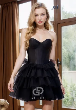 A-Line Strapless Sleeveless Tulle Tiered Back Zipper Black Homecoming Dress