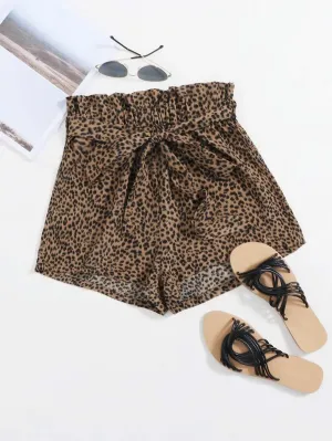 Allover Print Paperbag Waist Self Belted Shorts