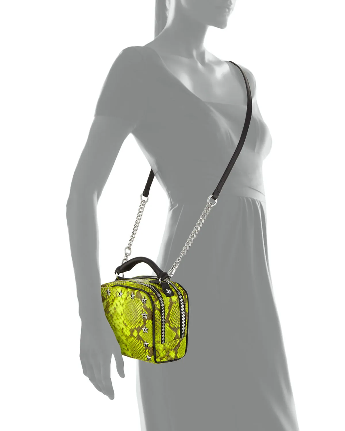 Ash Frankie Studded Leather Crossbody Bag, Yellow Snake