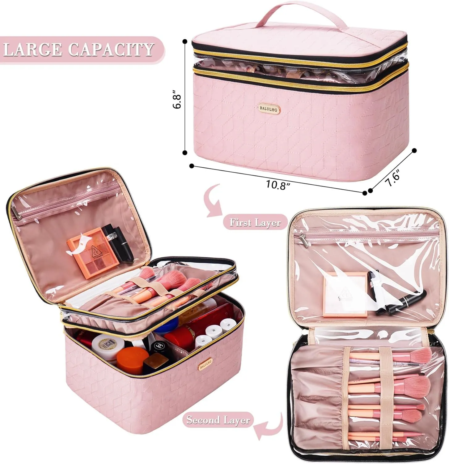 BALULHG Large Travel Makeup Bag - Double-Layer Cosmetic Organizer for Brushes and Toiletry Essentials, Ideal for Women