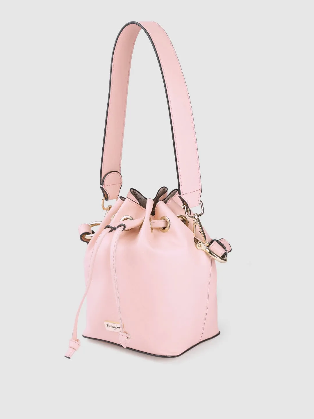 Berrylush Women Solid Pink One Handle PU Detachable Sling Strap Bucket Shoulder Bag