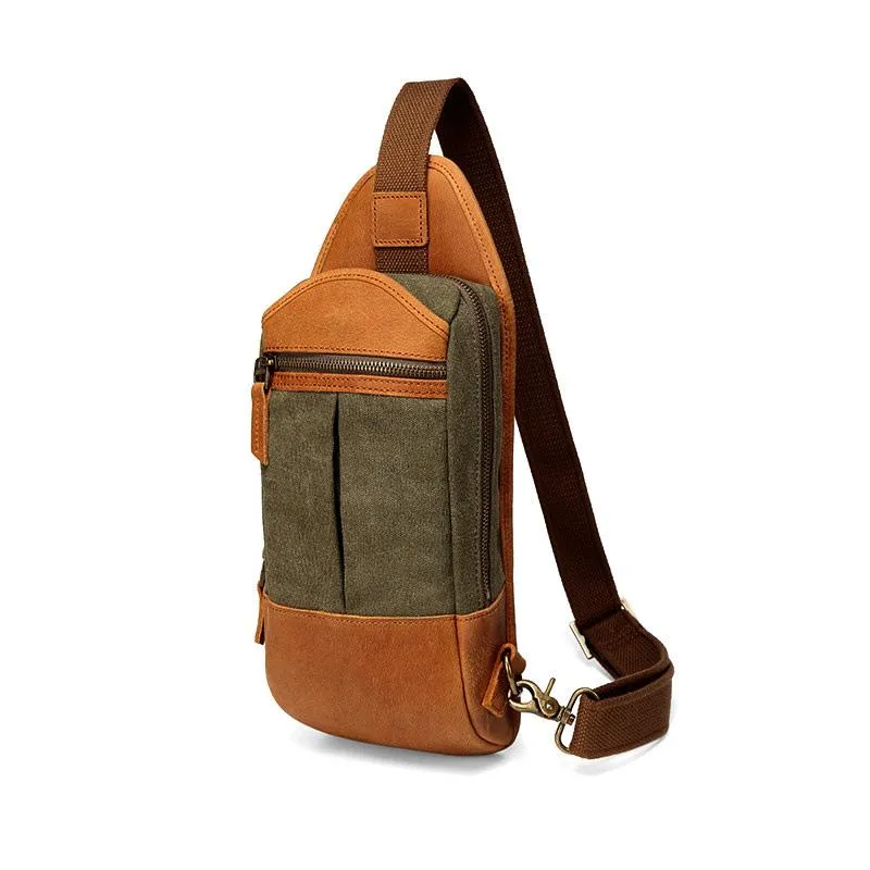 Black Canvas Leather Sling Backpack Men's Sling Bag Chest Bag Canvas One shoulder Backpack For Men