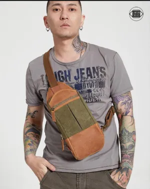 Black Canvas Leather Sling Backpack Men's Sling Bag Chest Bag Canvas One shoulder Backpack For Men