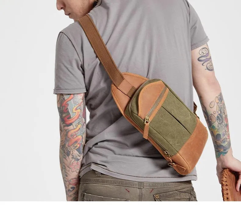 Black Canvas Leather Sling Backpack Men's Sling Bag Chest Bag Canvas One shoulder Backpack For Men