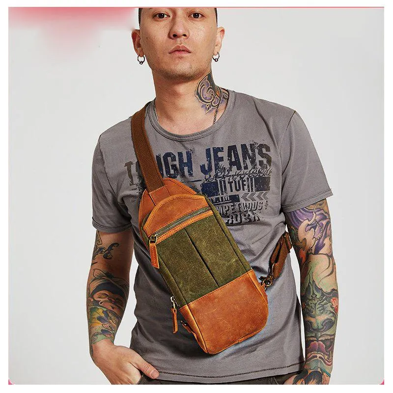 Black Canvas Leather Sling Backpack Men's Sling Bag Chest Bag Canvas One shoulder Backpack For Men