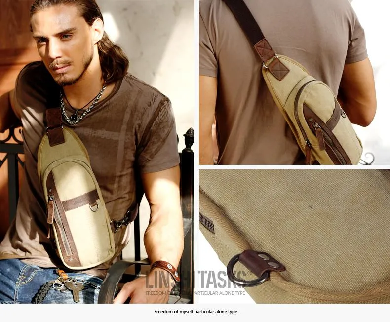 Blue Canvas Sling Backpack Men's Sling Bag Khaki Chest Bag Canvas One shoulder Backpack For Men