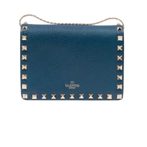 Blue Leather Rockstud Wallet On A Chain Shoulder Bag