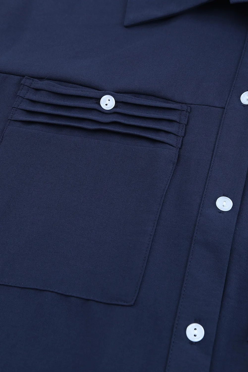 Blue Solid Pocket Long Sleeve Button-up Shirt