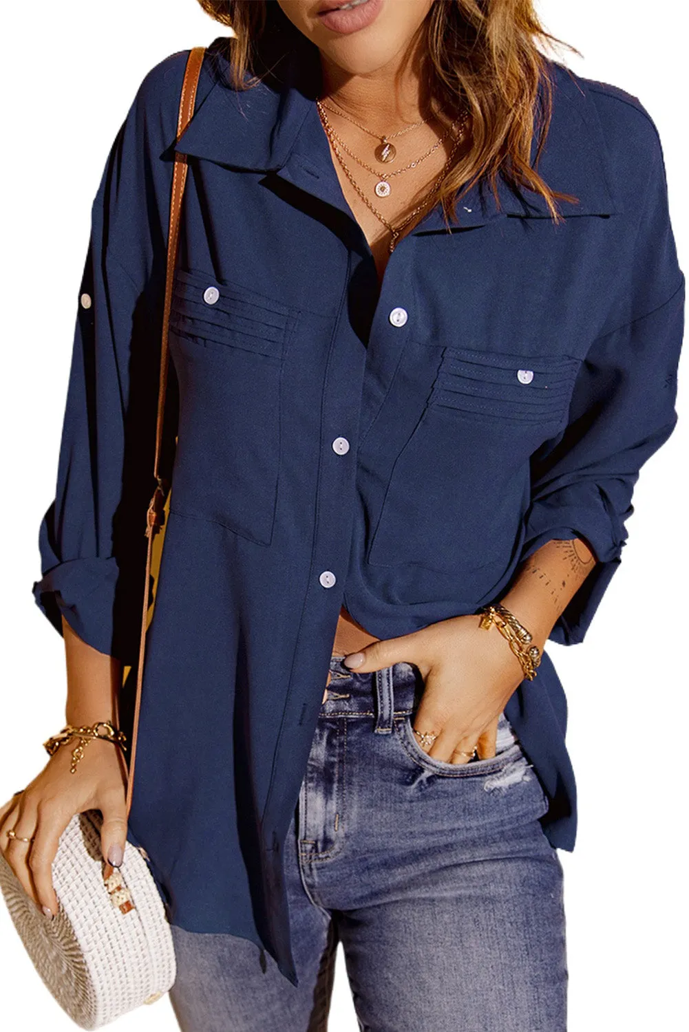 Blue Solid Pocket Long Sleeve Button-up Shirt