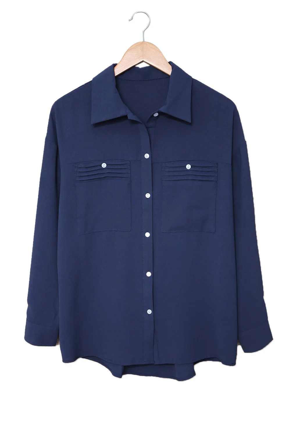 Blue Solid Pocket Long Sleeve Button-up Shirt