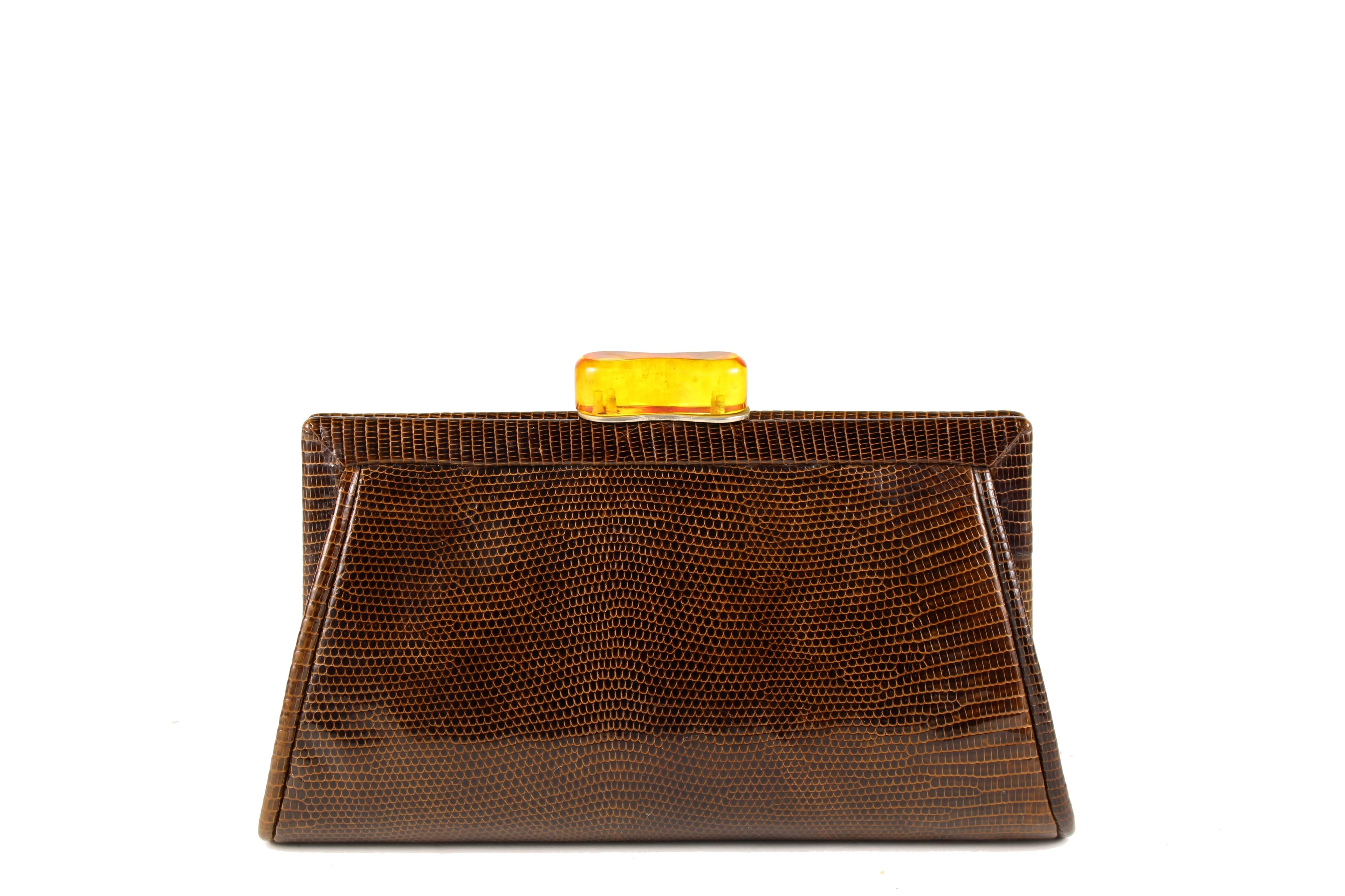 Brown lizard skin bakelite clasp clutch