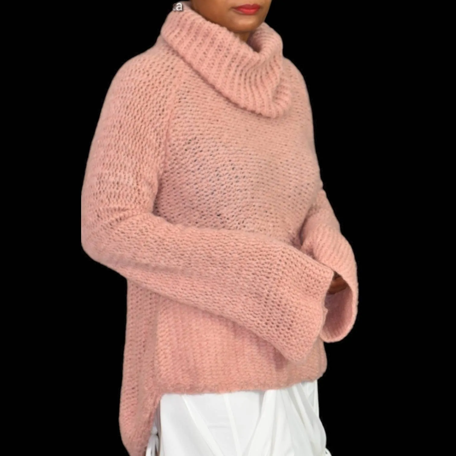 Calypso St Barth Cherita Sweater Pink Rose Crochet Bell Flare Sleeve Cowl Neck Wool Mohair Size Large