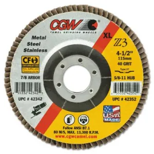 CGW Abrasives Premium Z3 XL T29 Flap Disc, 6", 36 Grit, 7/8 Arbor, 10,200 rpm, 53061