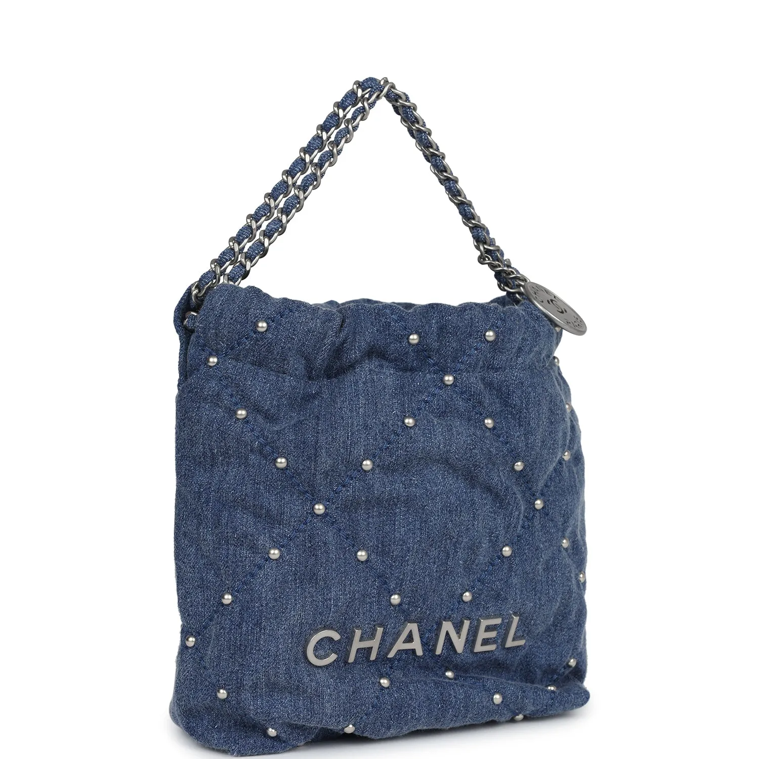 Chanel Mini 22 Bag Blue Studded Denim Silver Hardware