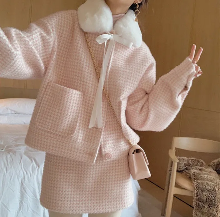 Classic Tweed Plush Collar Pink White Plaid Coat Jacket Skirt Two Piece Set