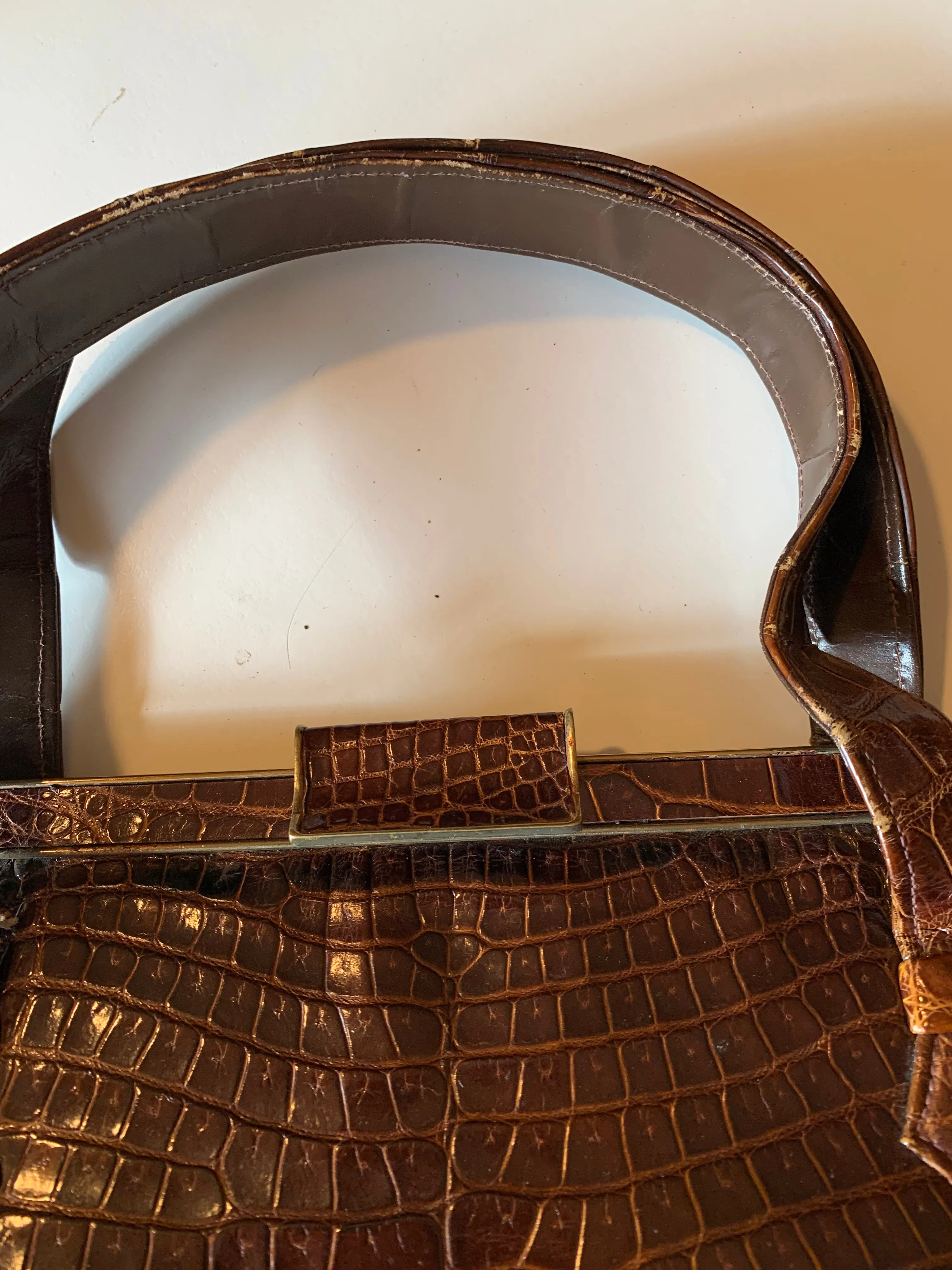 Cognac Brown Crocodile Kelly Style Handbag circa 1940s