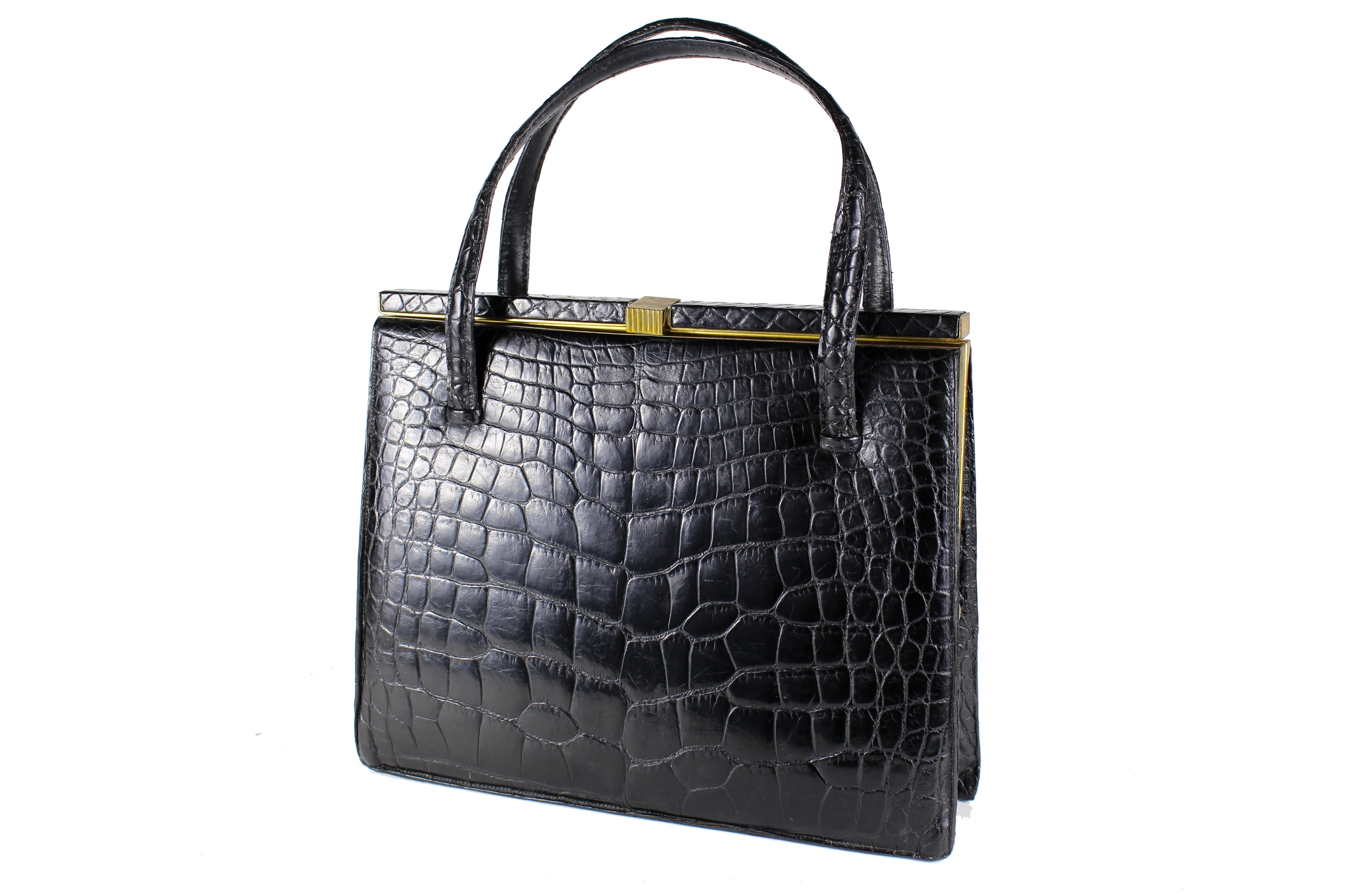 DEAUVILLE black crocodile skin handbag with twin handles