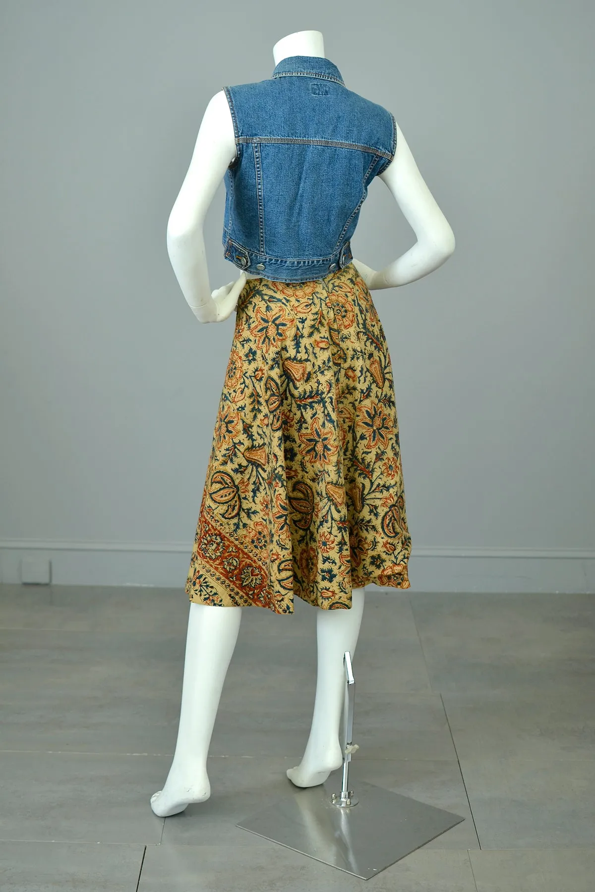 Early 1970s Retro Flowers Block Print Hippie Festival Skirt