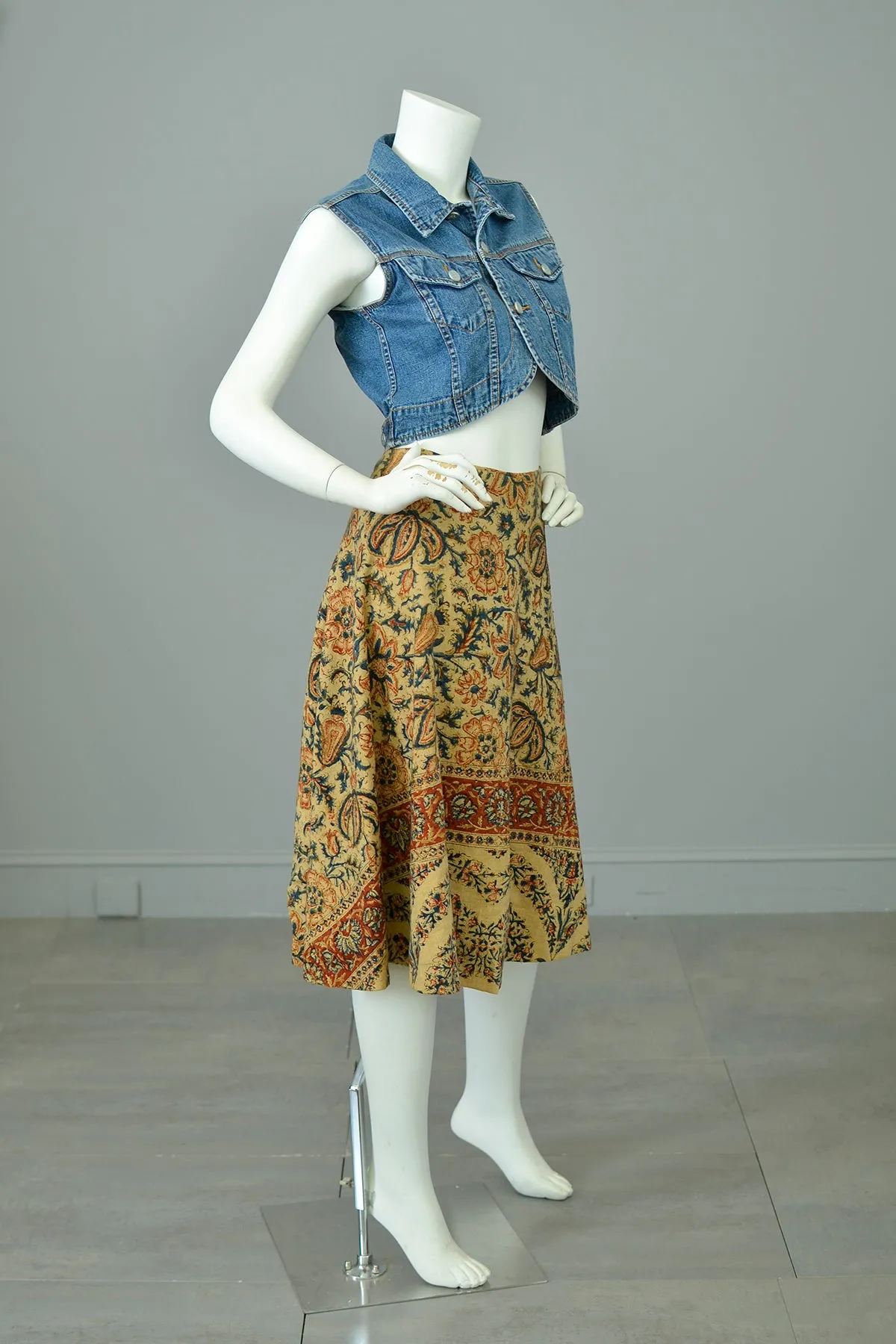 Early 1970s Retro Flowers Block Print Hippie Festival Skirt