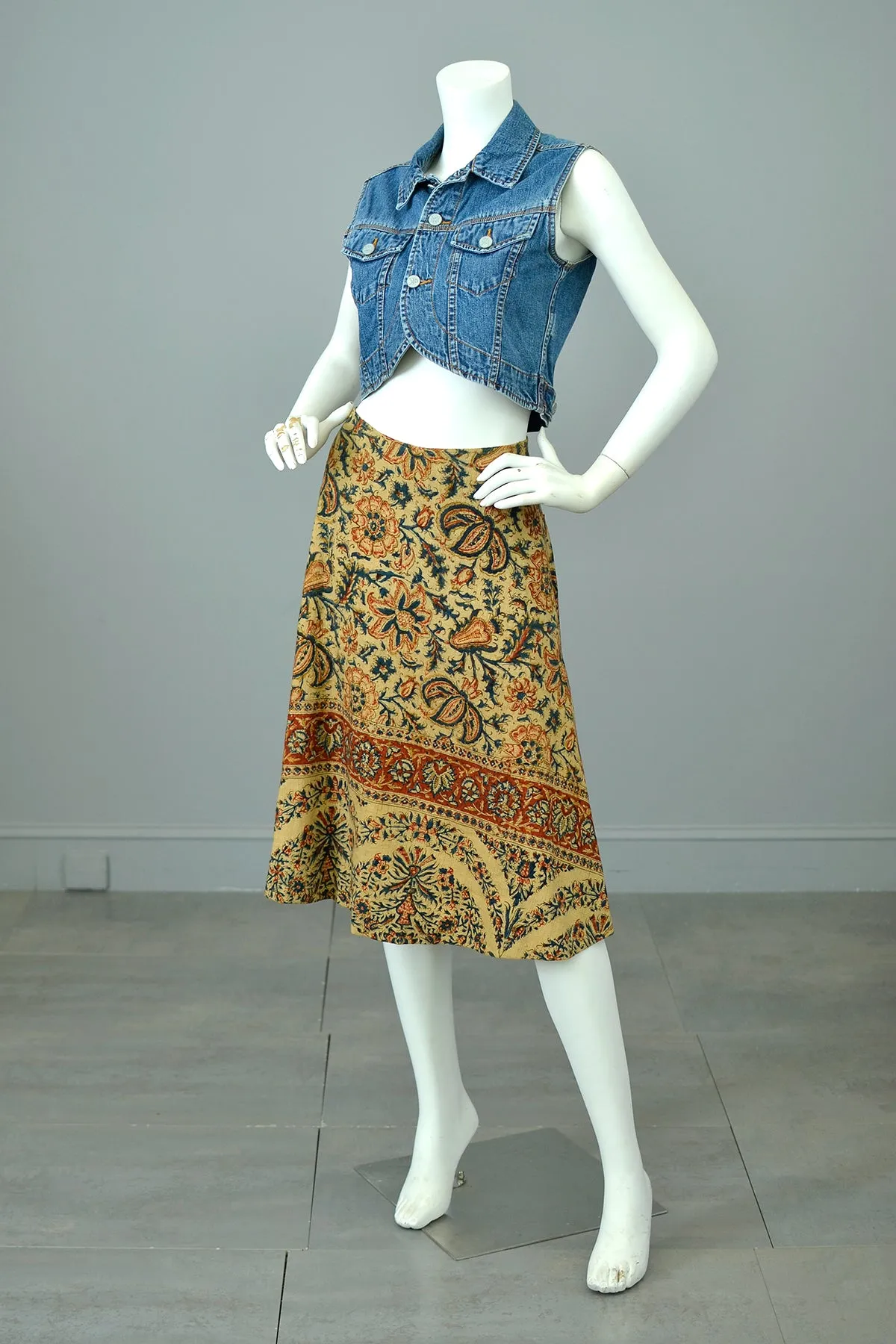 Early 1970s Retro Flowers Block Print Hippie Festival Skirt