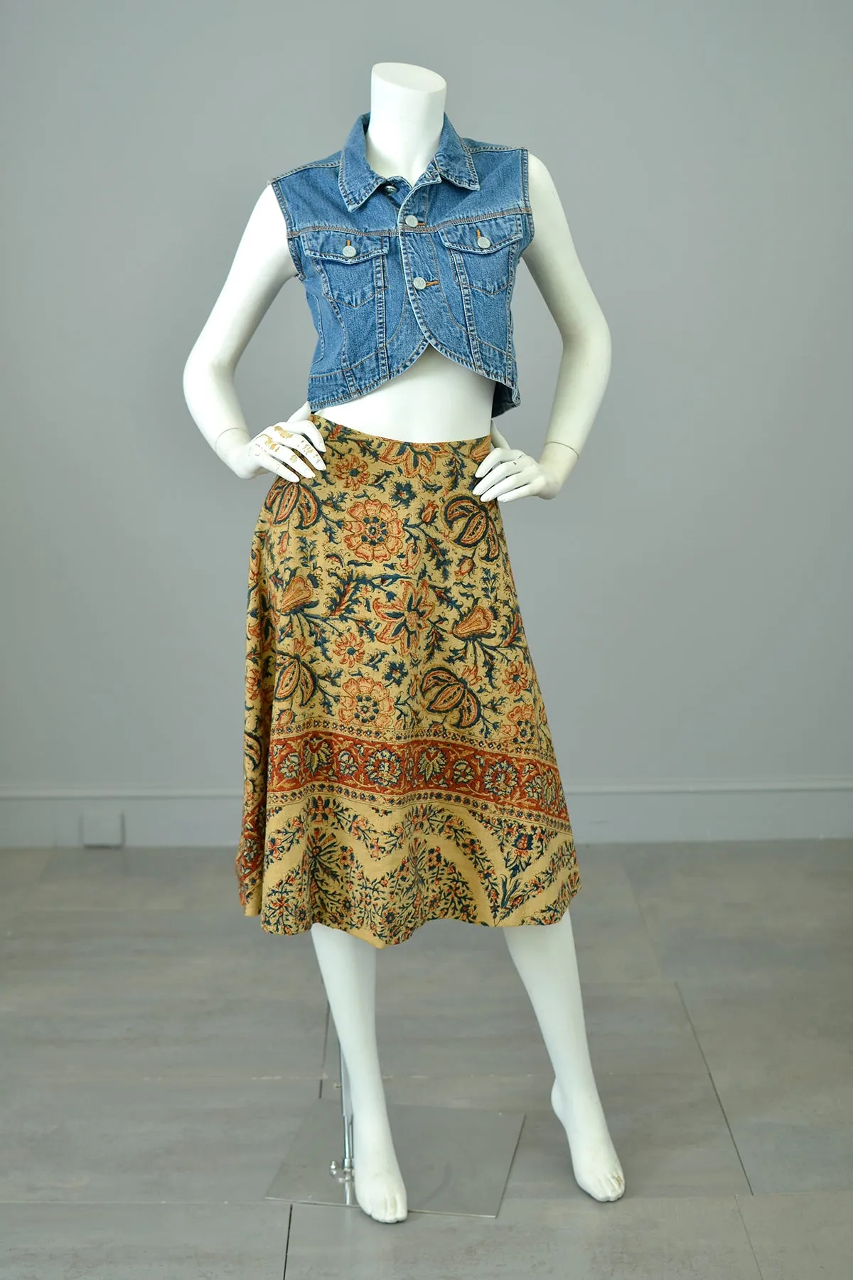 Early 1970s Retro Flowers Block Print Hippie Festival Skirt