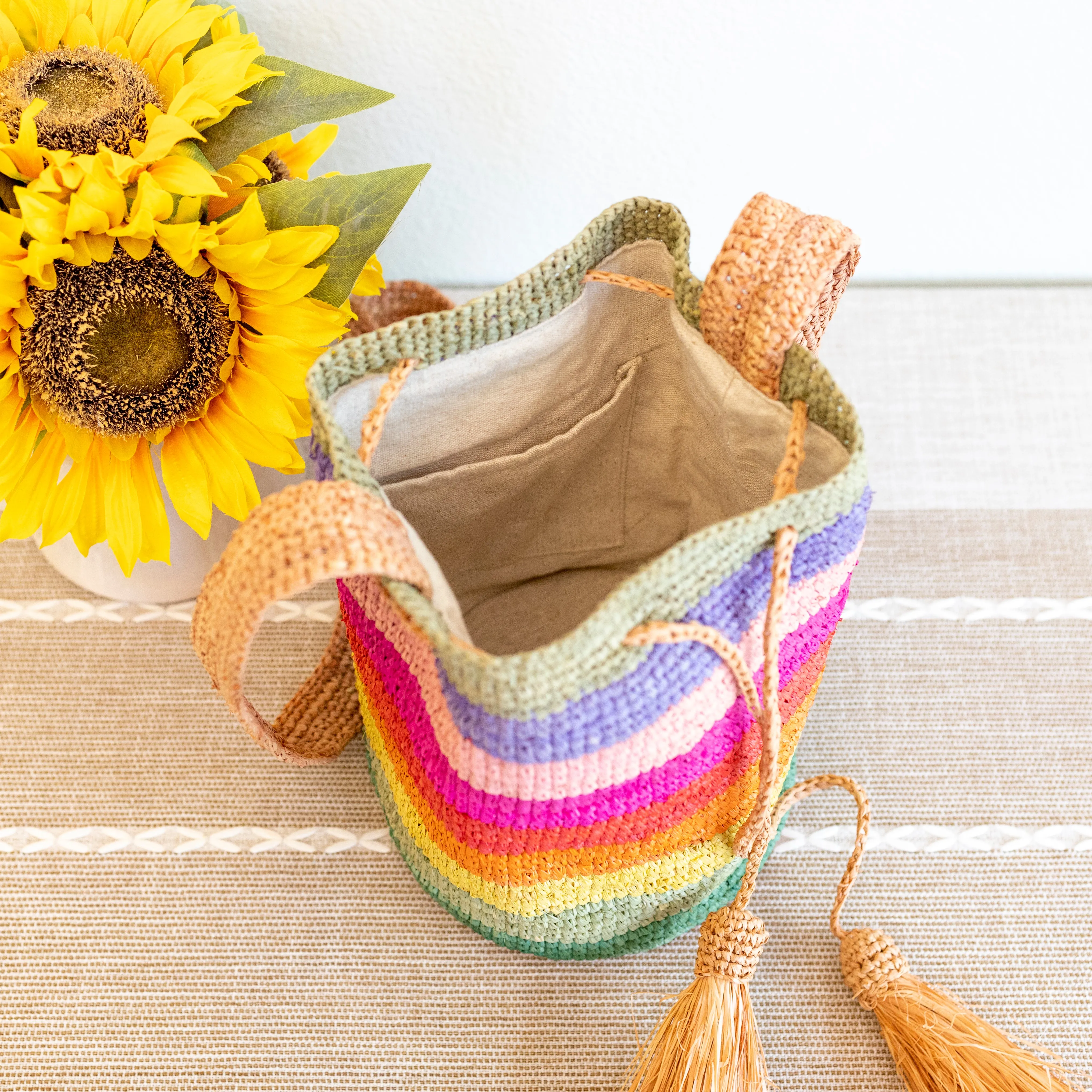 Elena Handbags Women's Raffia Straw Rainbow Crossbody Bucket Bag