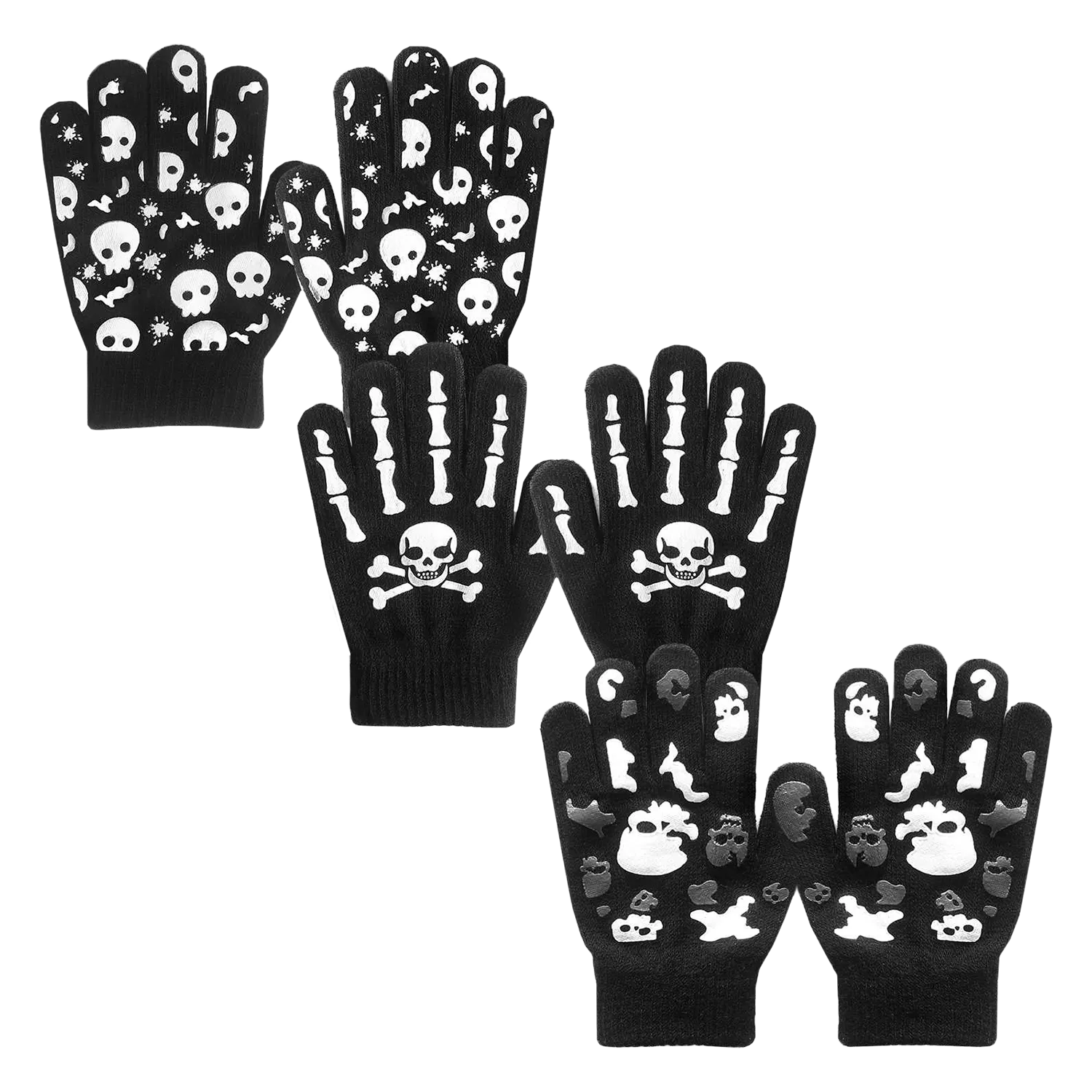 EvridWear Kids Winter Gloves - 3 Pairs Skull Knit (Boys & Girls)