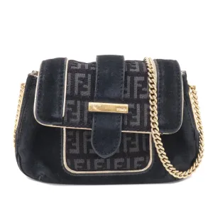 FENDI Zucchino Suede Canvas Chain Shoulder Bag Black 8BT078