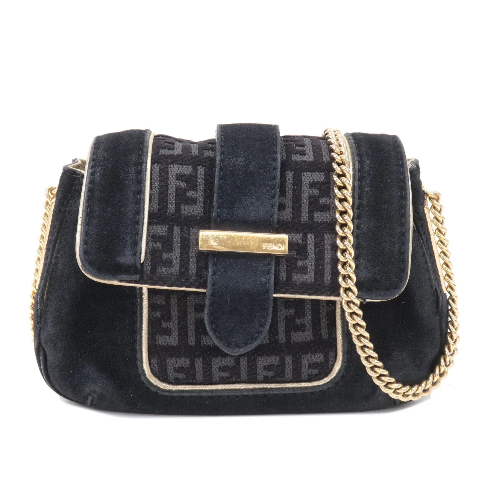 FENDI Zucchino Suede Canvas Chain Shoulder Bag Black 8BT078