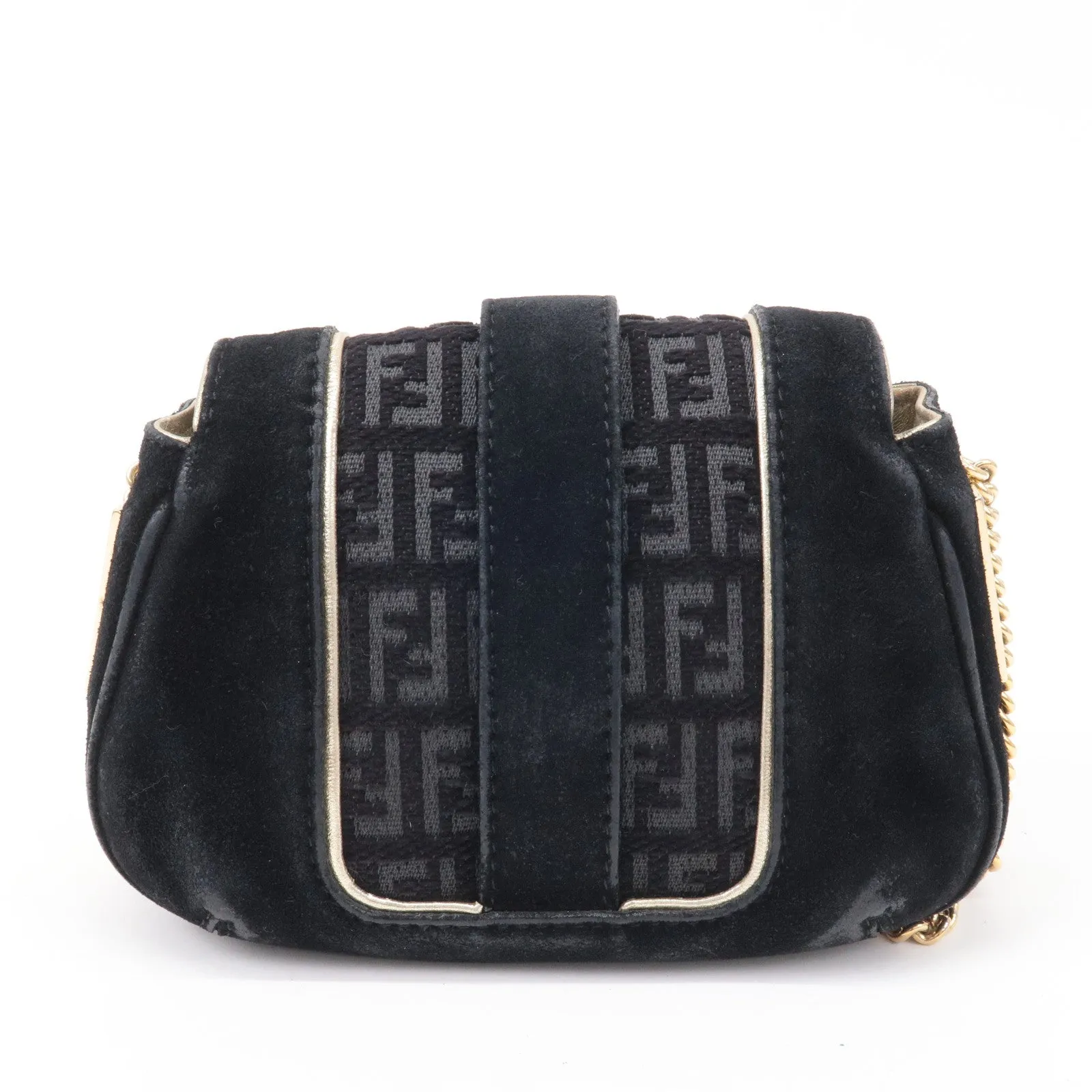 FENDI Zucchino Suede Canvas Chain Shoulder Bag Black 8BT078