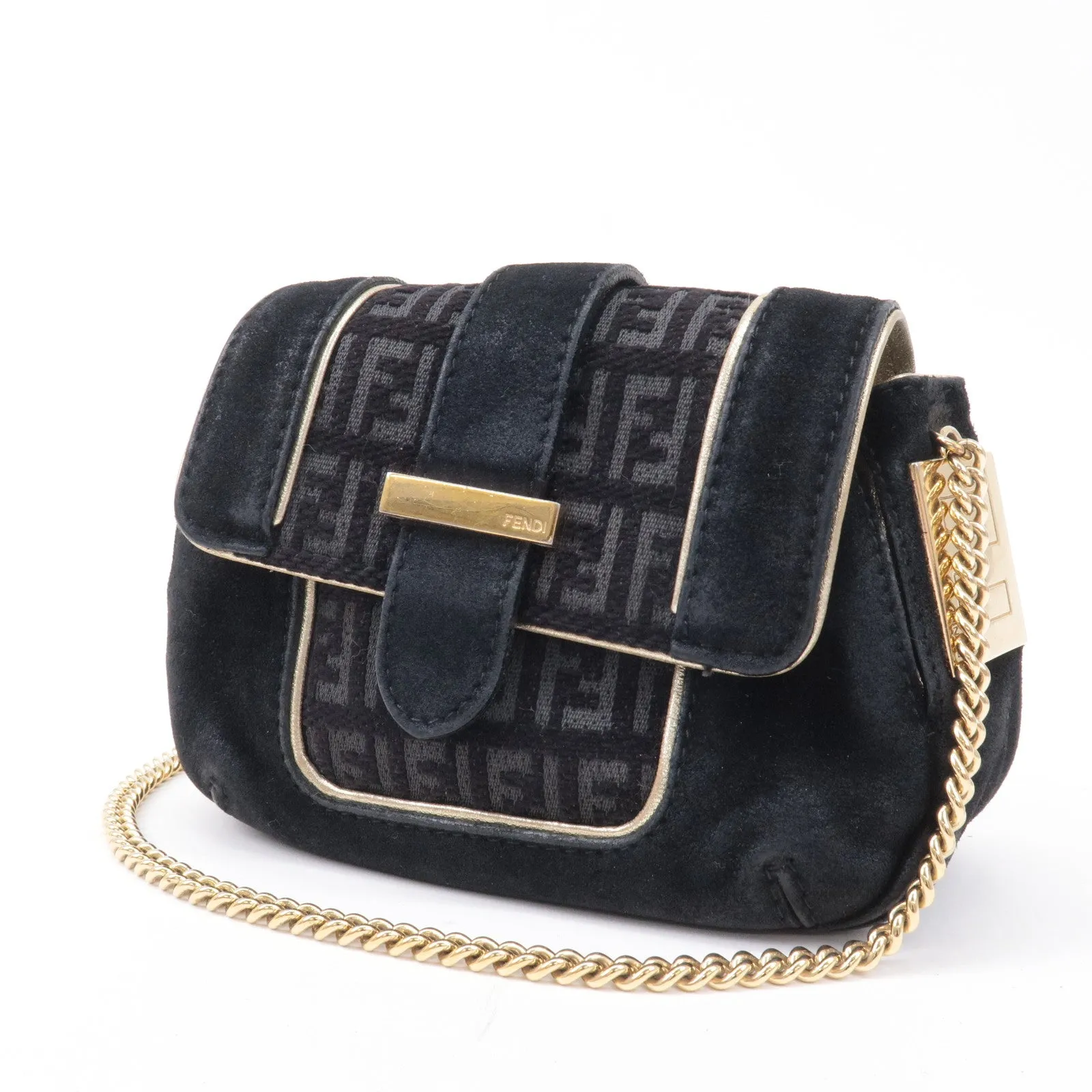 FENDI Zucchino Suede Canvas Chain Shoulder Bag Black 8BT078