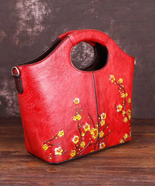 Fine Red Floral Paitings Calf Leather Tote Handbag