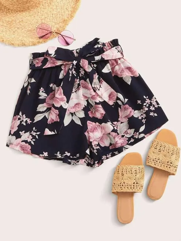 Floral Print Belted Paperbag Waist Shorts