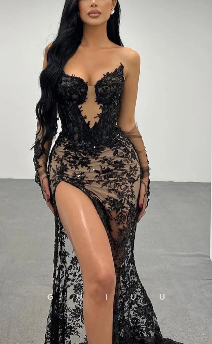 G3723 - Sexy & Hot Sheath V-Neck Strapless Allover Lace Long Party Prom Dress with High Side Slit and Gloves