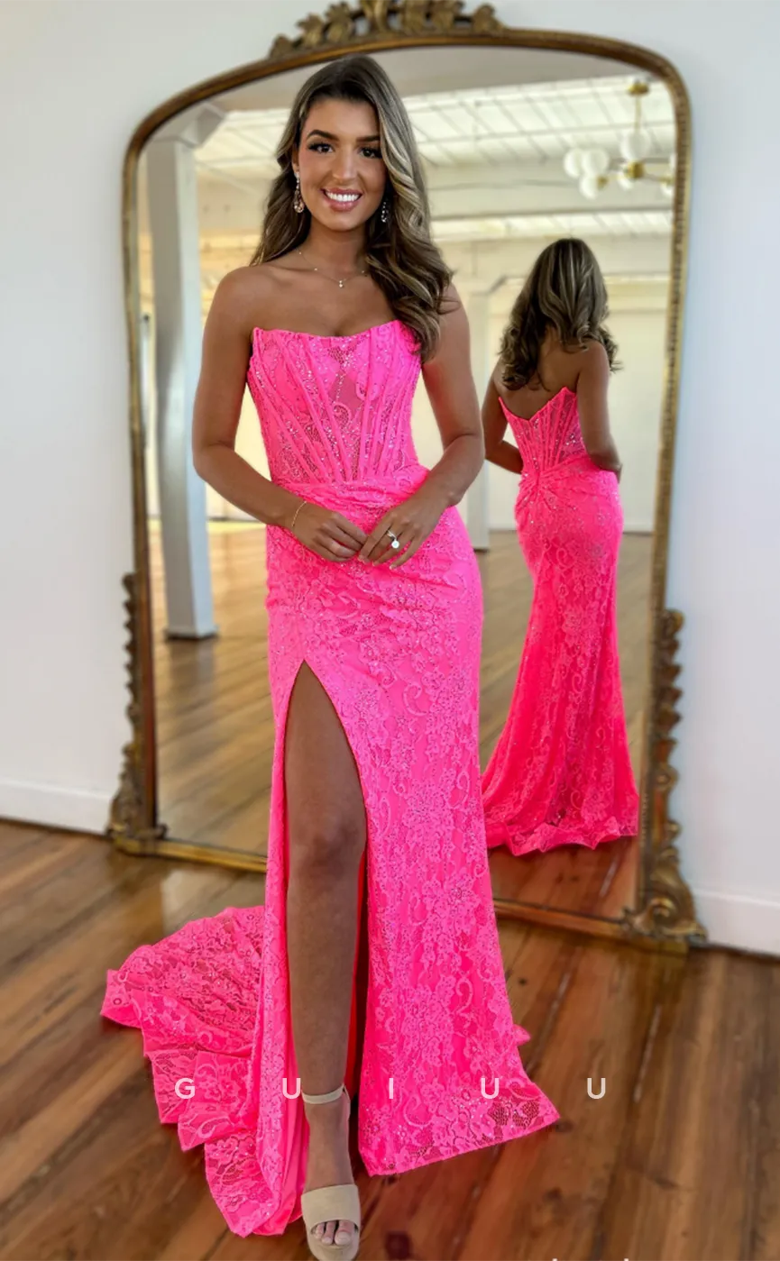 G4399 - Sexy & Hot Column/Mermaid Illusion Allover Applique Shiny Sweep Prom Party Dress with Slit