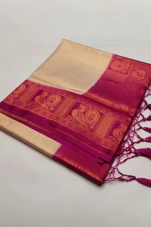 Gorgeous Beige Kanjivaram Silk Saree With Delectable Blouse Piece