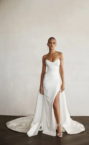 H0874 - Simple Strapless Ruched With Train And Slit Wedding Dress