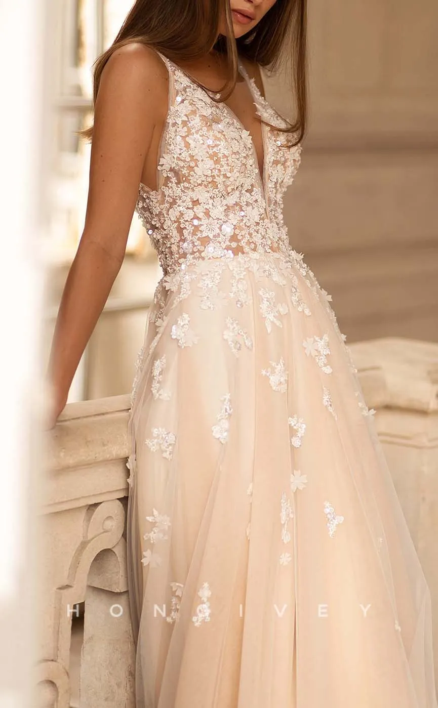 H0969 - Sparkly Illusion Floral Embossed Lace Applique V-Neck With Train Long Wedding Dress