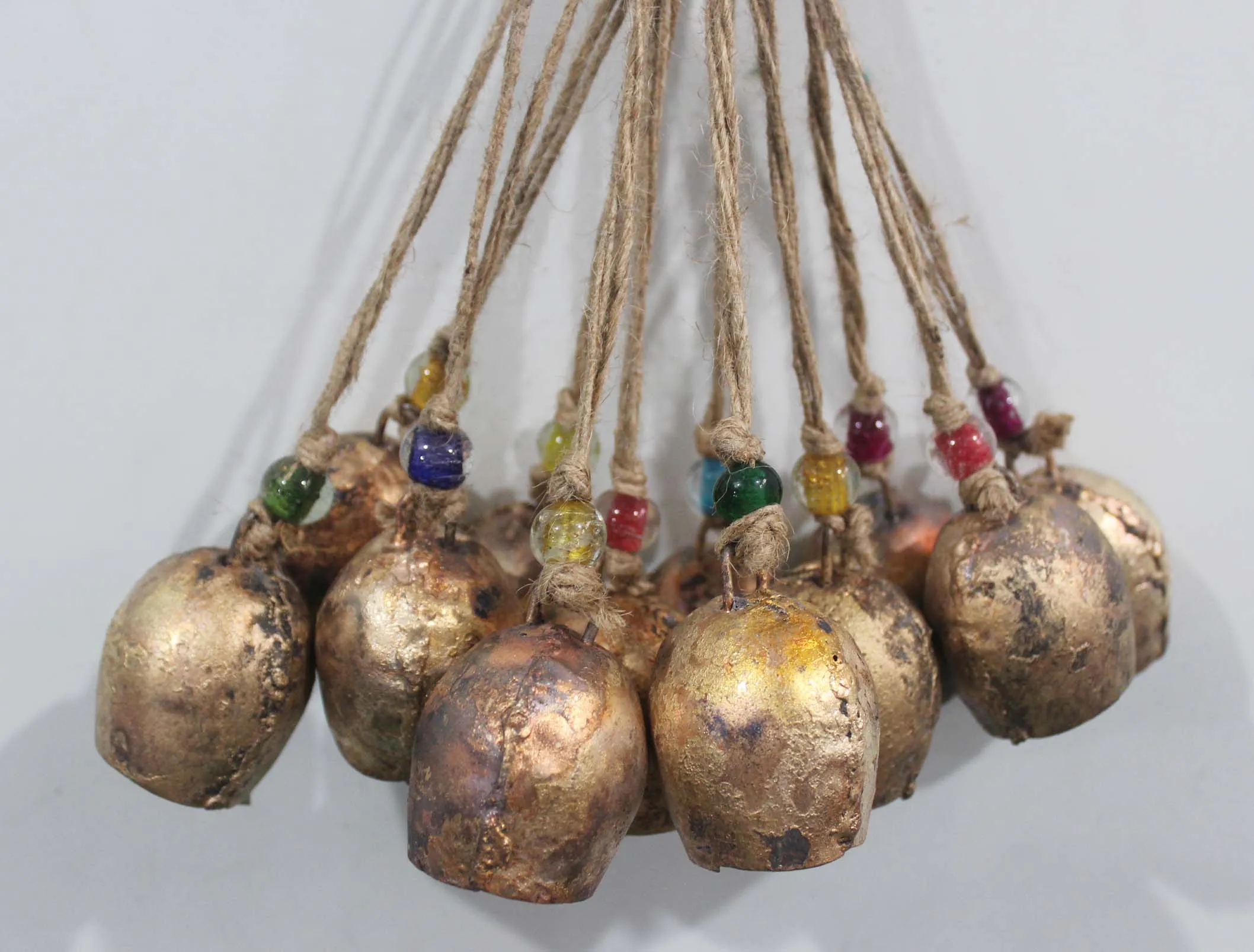 Handmade Rustic Iron Mongolian Style Tin Bells 2.75" H with jute Hanging